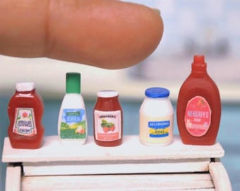 Dollhouse Miniature Condiment Bottles, 1:12 Scale Mini Groceries