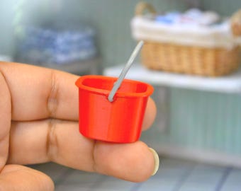 Miniature Red Cleaning Bucket 1:12 Scale, Dollhouse Laundry Accessories