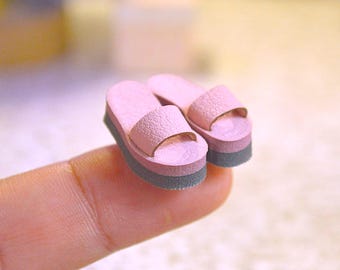 Miniature Pink Flip Flops, Chunky Sole Dollhouse Sandals, 1:12 Scale