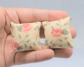 Dollhouse Miniature Cushion Roses Pillow Handmade 2 pieces 1:12 scale