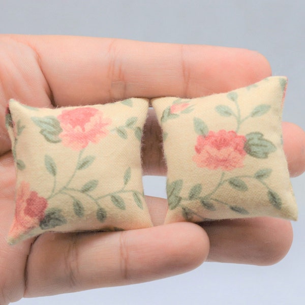 Dollhouse Miniature Cushion Roses Pillow Handmade 2 pieces 1:12 scale