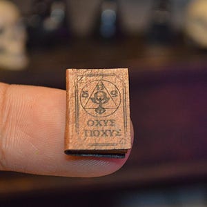 May include: A tiny, aged book with a brown cover. The cover has a black geometric design and text in a foreign language. The book is held between two fingers, indicating its small size. The background is blurred, with suggestions of skulls and dark furniture.