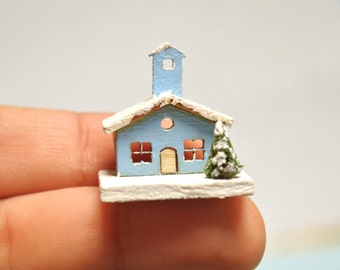 Dollhouse Miniature Christmas Village Church Light Blue  for 1:12 scale