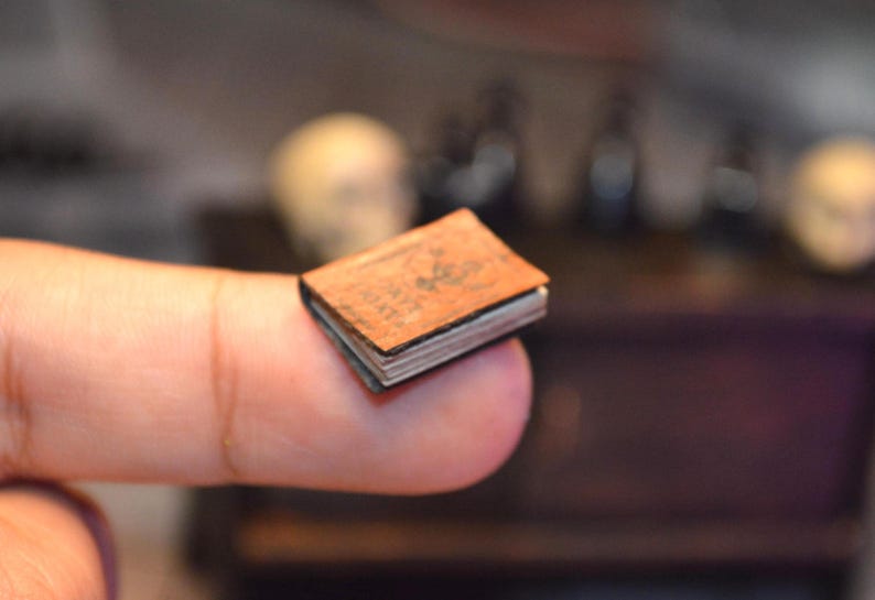 May include: A tiny book with a brown cover and white pages is held on a finger. The cover features a design and text. The book is small, possibly for a dollhouse or miniature collection.