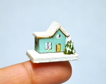 Dollhouse Miniature Christmas Village House Mint Green Cottage for 1:12 scale