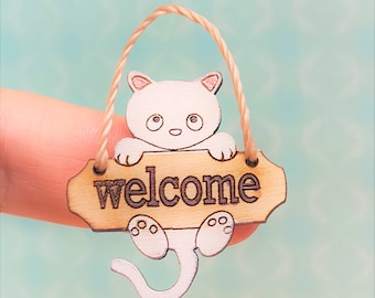 Dollhouse Miniature Welcome Sign, Front Doo Porch Cat Sign, 1:12 Scale Decor