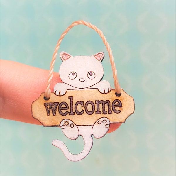 Dollhouse Miniature Welcome Sign, Front Doo Porch Cat Sign, 1:12 Scale Decor