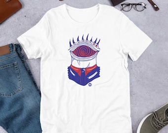 Evil Eye Guy - Print on demand Graphic Tee, illustration T-shirt, Unisex Tshirt, Red and Blue shirt.