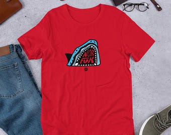 NORFUK SHARK! - Print on demand Graphic Tee, illustration T-shirt, Unisex Tshirt, Red and Blue shirt.