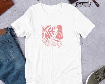 Pink NFK VA Mermaid- Print on demand Graphic Tee, illustration T-shirt, Unisex Tshirt, Red and Blue shirt.