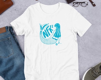 Blue NFK VA Mermaid- Print on demand Graphic Tee, illustration T-shirt, Unisex Tshirt, Red and Blue shirt.