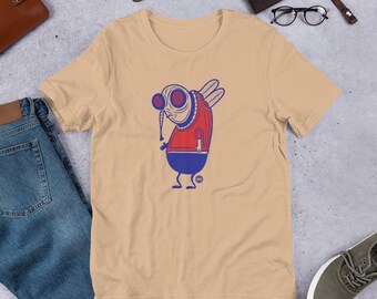 Fly Friend - Print on demand Graphic Tee, illustration T-shirt, Unisex Tshirt, Red and Blue shirt.