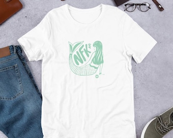Green NFK VA Mermaid- Print on demand Graphic Tee, illustration T-shirt, Unisex Tshirt, Red and Blue shirt.
