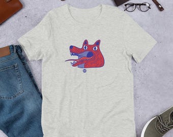 Wailing Wolf - Print on demand Graphic Tee, illustration T-shirt, Unisex Tshirt, Red and Blue shirt.