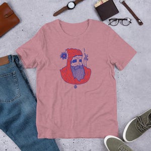 Wizard Dude - Print on demand Graphic Tee, illustration T-shirt, Unisex Tshirt, Red and Blue shirt.