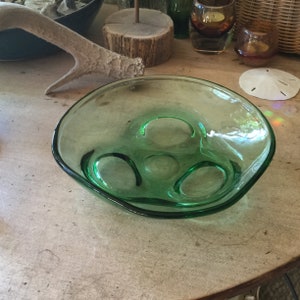 Unique Free-Blown Serving Bowl in Heavy Green Glass