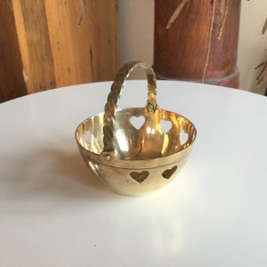 Vintage India Brass Basket with Heart Cutouts and Hinged Handle