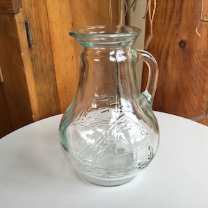Old Glass Pitcher with Embossed Sailing Ship ~ About Half Normal Size