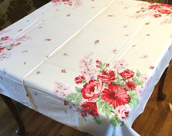 Vintage Cotton Tablecloth with Roses
