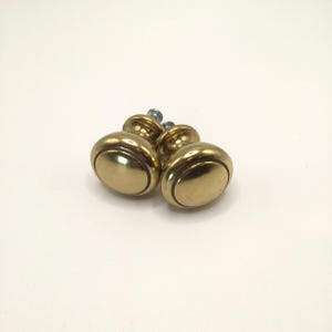 May include: Two round cabinet knobs made of polished brass with a smooth, reflective surface. Each knob features a circular indentation near the edge and a small metal screw protruding from the back for installation on furniture or cabinetry.