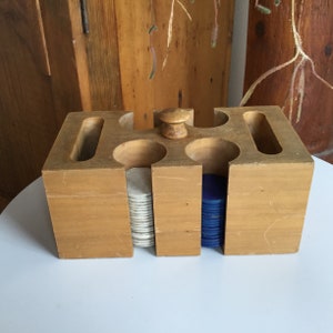 Old Solid Wood Poker Chip Caddy with Pressed Paper Fleur de Lis Poker Chips
