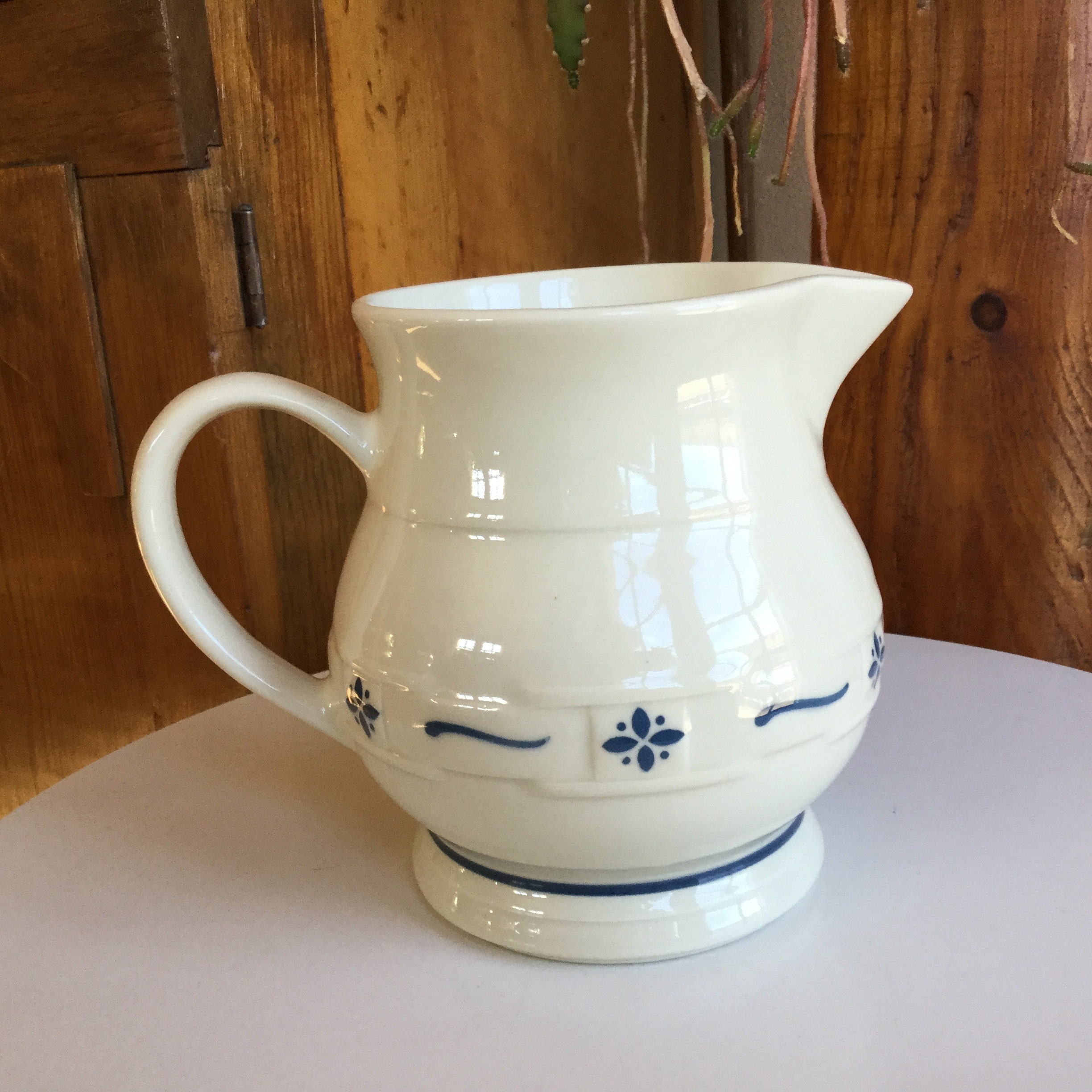 Longaberger Pottery Small 32 Oz Pitcher 5 1/2” Signed 1991 Blue Woven  Traditions