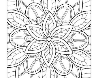 May include: A black and white intricate line drawing of a stylized flower with a detailed pattern. The flower is surrounded by a border of smaller, overlapping petals.