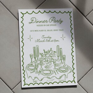 May include: A green and white invitation to a dinner party hosted by the Smichs on Sunday, 10th March at 8pm. The invitation features a drawing of a table setting with candles, glasses, and flowers.