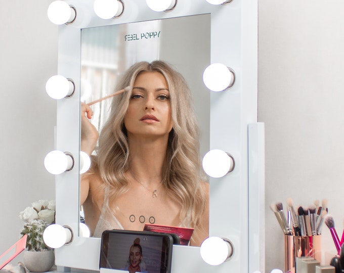 Hollywood Vanity Makeup Mirror With LED Lights, Phone Mount, Dimming