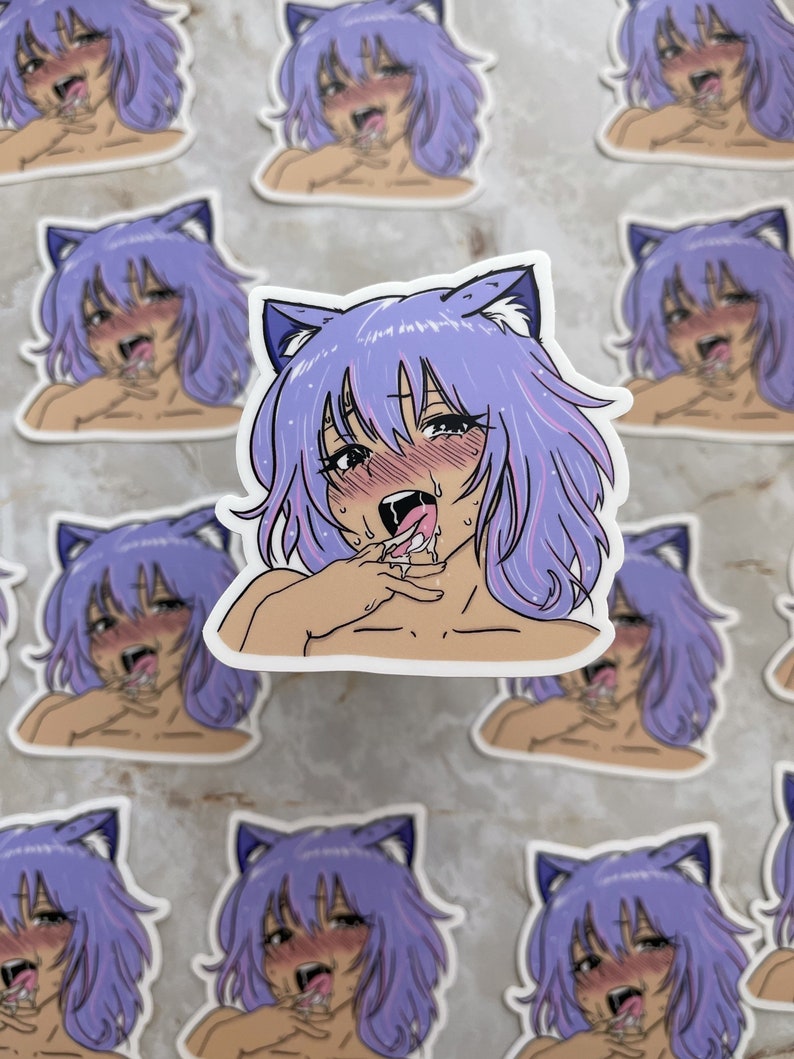 Neko Waifu Ahegao Sticker (1) 3 inches / Premium Stickers - Kawaii Waifu Waterproof Stickers - with pink Sakura background 