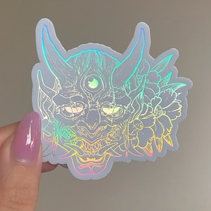 White Holographic Japanese Oni Sticker (1 pc) Limited Edition Premium Quality Waterproof Sticker - Size: 3” W x 2.95” H