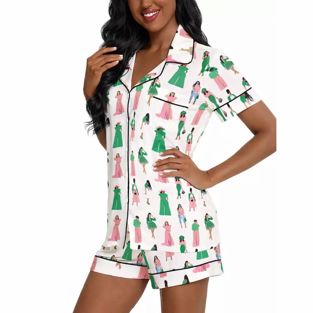 AKA Pajamas Alpha Kappa Alpha PJs Pink Green Sorority Print Lounge Wear Sisterhood Satin