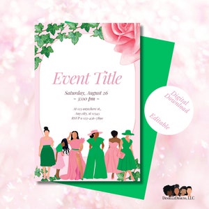 May include: An invitation card with a pink and green color scheme. The card features a floral design with a rose and ivy. The text on the card reads "Event Title", "Saturday, August 26", "~ 3:00 pm ~", "At 123 anywhere st.", "Any city, st 12345", "RSVP 0 123-456-7890", "Digital Download", and "Editable".