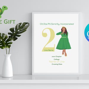 May include: A printable poster with a green and yellow color scheme featuring a woman in a green dress and the number 2. The text "Chi Eta Phi Sorority, Incorporated" is at the top of the poster. The text "Line Name", "xxxx Chapter", "College", "Name of Line", and "Crossing Date" are listed below the number 2. The poster is a Canva template.