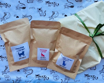 A set or one bag of catnip, or silvervine and catnip, or valerian and catnip, 1 oz, fresh, USA grown, stored in a reusable foil zip pouch.