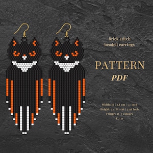 Black cat funny earrings, brick stitch pattern PDF, seed beaded Halloween DIY earrings, cat lover gift.