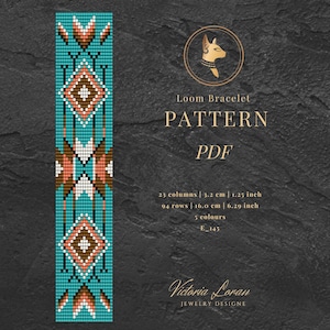 Turquoise loom bead bracelet pattern PDF-Western jewelry-Miyuki Delica Geometric bracelet, Seed bead patterns- Adult craft- Native beadwork.