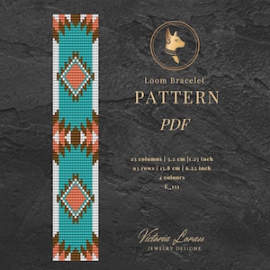 Turquoise loom beaded  bracelet pattern PDF, Miyuki Delica Geometric bracelet, Seed bead patterns, Adult craft, Native beadwork.