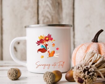 Autumn Themed Enamel Camping Mug  Swing Into Fall Coffee Cup Cute Gift Metal Mug Outdoor Lover