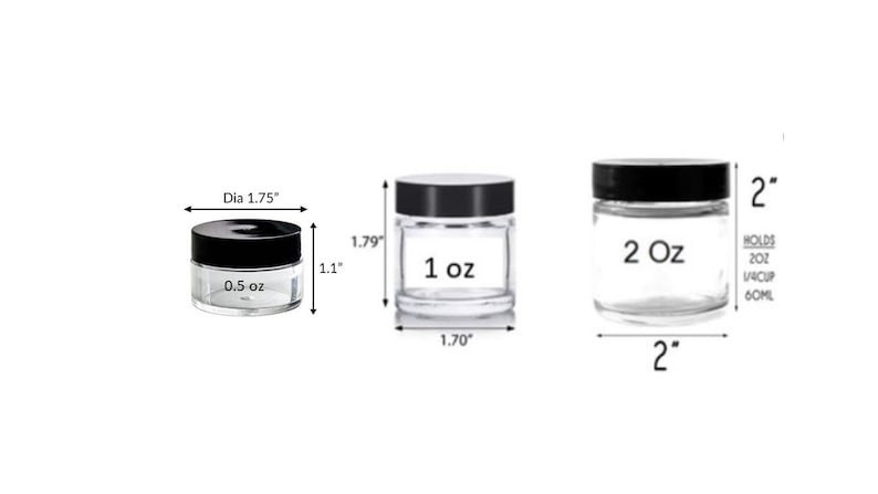 May include: Three glass jars with black lids and labels indicating their size in ounces. The jars are 0.5 oz, 1 oz, and 2 oz. The 2 oz jar also indicates it holds 60 ml.