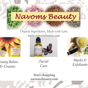 May include: Navoms Beauty offers organic skincare products, including beauty balms and creams, facial care oils, and masks and exfoliants. The website address is navomsbeauty.com.