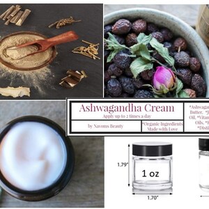 May include: A glass jar of Ashwagandha Cream with a black lid. The jar is labeled with the product name, "Ashwagandha Cream", and the size, "1 oz". The cream is made with organic ingredients and is applied up to two times a day. The ingredients include Ashwagandha Extract, Shea Butter, Jojoba Oil, Rosehip Oil, Vitamin E Oil, Essential Oils, Emulsifying Wax, and Distilled Rose Water.