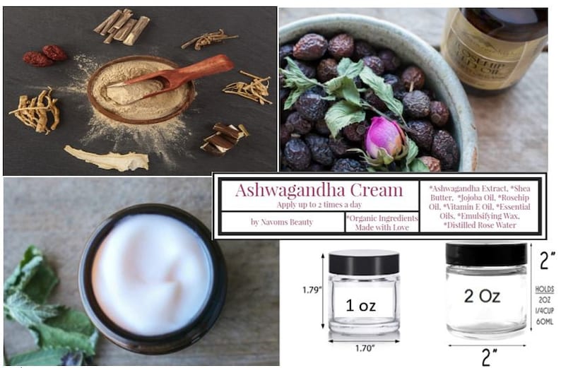 May include: A glass jar of Ashwagandha Cream with a black lid. The jar is labeled with the product name, "Ashwagandha Cream", and the size, "1 oz". The cream is made with organic ingredients and is applied up to two times a day. The ingredients include Ashwagandha Extract, Shea Butter, Jojoba Oil, Rosehip Oil, Vitamin E Oil, Essential Oils, Emulsifying Wax, and Distilled Rose Water.