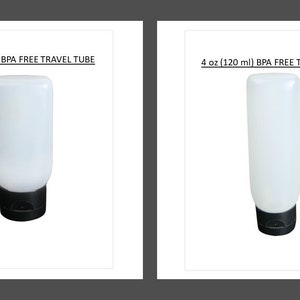 K&ouml;nnte beinhalten: Zwei wei&szlig;e Plastik-Reiseflaschen mit schwarzen Kappen. Die Flasche links ist mit "2 oz (60 ml) BPA FREE TRAVEL TUBE" beschriftet. Die Flasche rechts ist mit "4 oz (120 ml) BPA FREE TRAVEL TUBE" beschriftet.