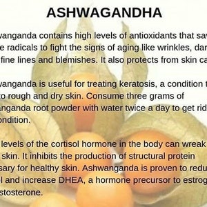 May include: A close-up of a plant with green leaves and yellow fruit. The text "ASHWAGANDHA" is at the top of the image. The text below describes the benefits of Ashwagandha for skin health.