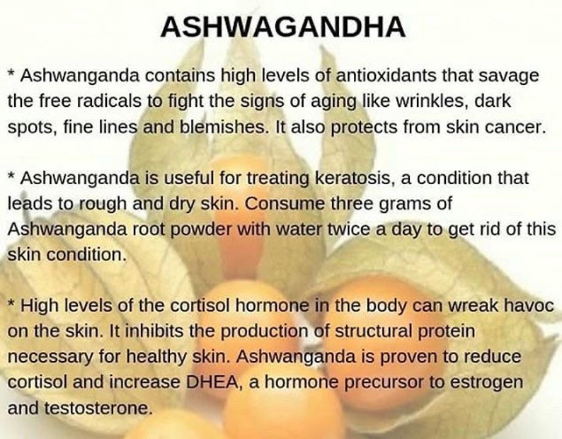 May include: A close-up of a plant with green leaves and yellow fruit. The text "ASHWAGANDHA" is at the top of the image. The text below describes the benefits of Ashwagandha for skin health.