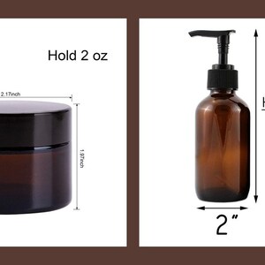 K&ouml;nnte beinhalten: Zwei bernsteinfarbene Glasflaschen mit schwarzen Deckeln und Pumpen. Die kleinere Flasche fasst 2 Unzen und die gr&ouml;&szlig;ere Flasche fasst 4 Unzen, 1/2 Tasse oder 118 ml. Die gr&ouml;&szlig;ere Flasche ist 15,2 cm hoch und 5,1 cm breit.