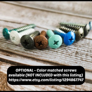 May include: Assortment of screws in various colors, including teal, white, dark gray, rust, light blue, and blue. The screws are arranged in a row on a wooden surface.  OPTIONAL - Color matched screws available (NOT INCLUDED with this listing) https://www.etsy.com/listing/1294867747