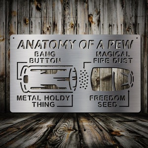 May include: A brushed metal sign with the words "Anatomy of a Pew" and diagrams of a bullet. The diagrams are labeled "Bang Button," "Metal Holdy Thing," "Magical Fire Dust," and "Freedom Seed."
