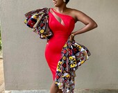 Ankara slip on dress, red ankara fitted dress, African pencil dress, African monostrap flare gown, single shoulder Ankara fitted party gown
